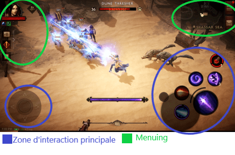 Exemple de jeux mobiles :  l'interaction digitale principale se passe en bas de l'écran tandis que les interactions secondaires comme le menu sont en haut